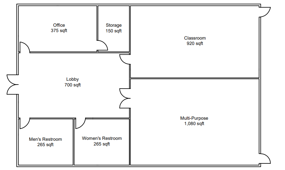 Floor plan of the Education Center showing lobby, multipurpose room, office, and restrooms